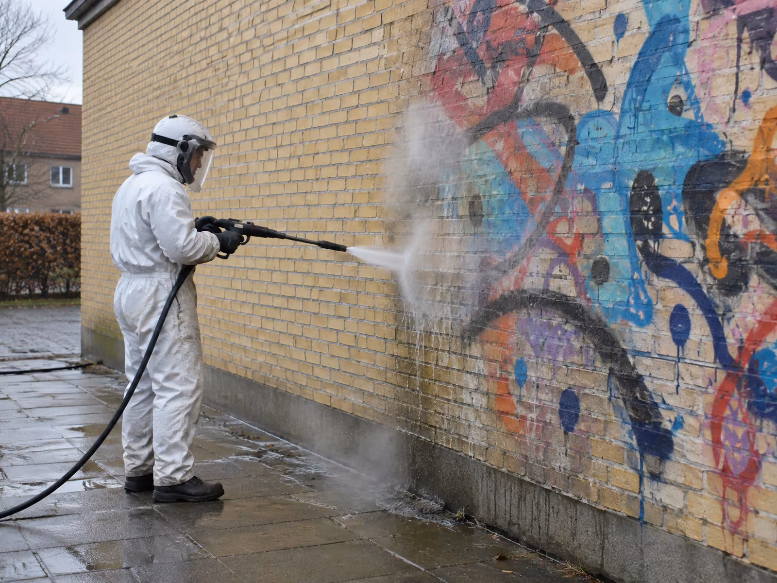Illustration: graffiti fjernes fra en gul murstensfacade med hedtvand