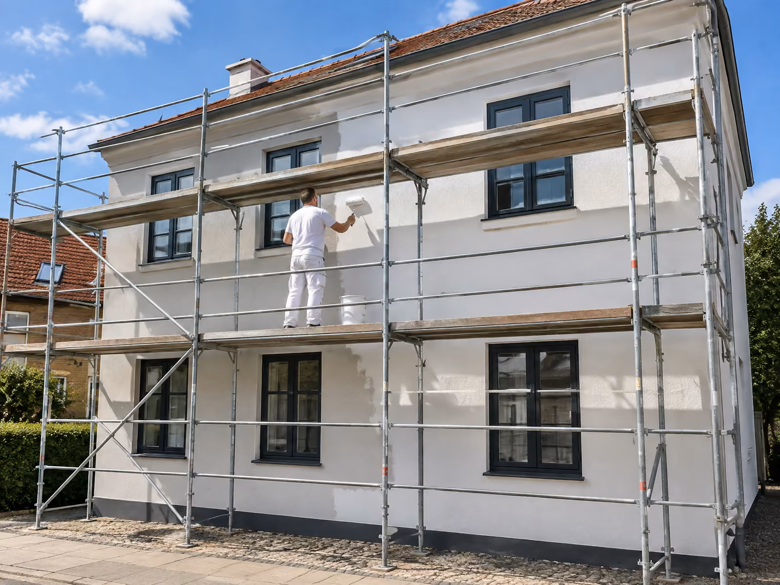Illustration: maler på stillads ruller hvid maling på en pudset facade